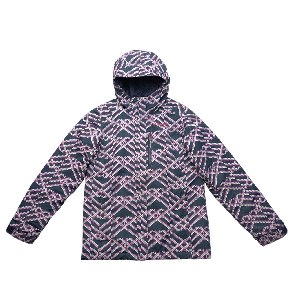 Columbia Omni-Heat Jacket Girls L 14/16 Navy Purple Geometric Pixel Ski Puffer
